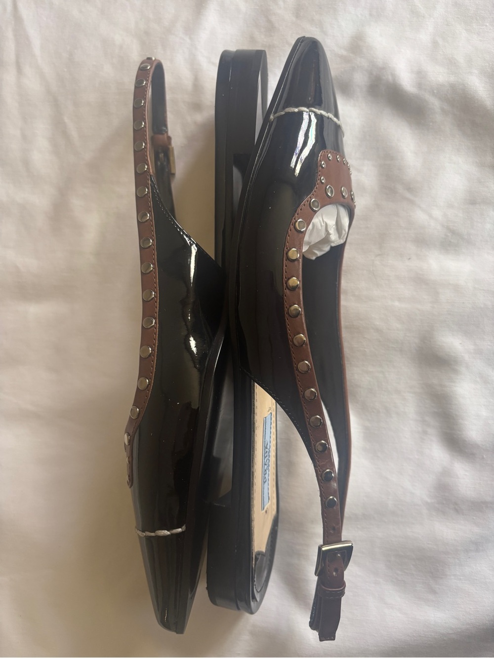 Prada Black Patent Pointed Slingback Flats with Brown Stud Trim (size 38) - Picture 4 of 5
